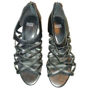 EILEEN FISHER 9M Black Leather Caged Lattice Open Toe Wedge Sandals Heel Zipper